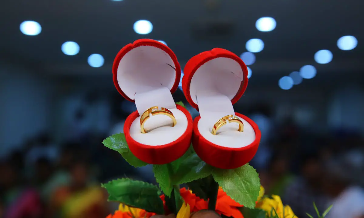 A set of wedding bands in a red case